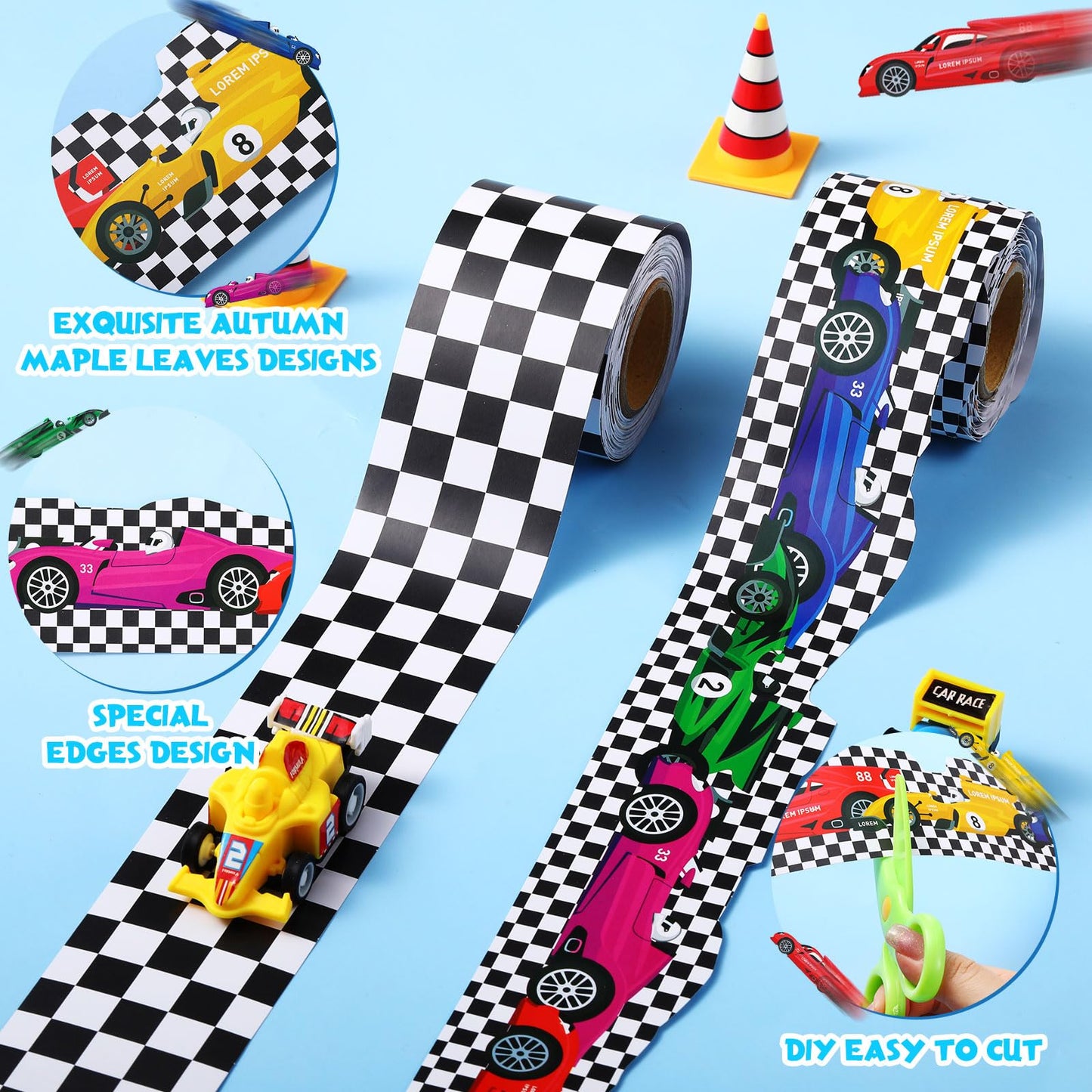 Trandraft 2 Rolls 65.6ft Racing Car Board Borders Decorations Checkerboard Bulletin Board Strips Racing Classroom Decor Back to School Bulletin Trim Borders for Home Office