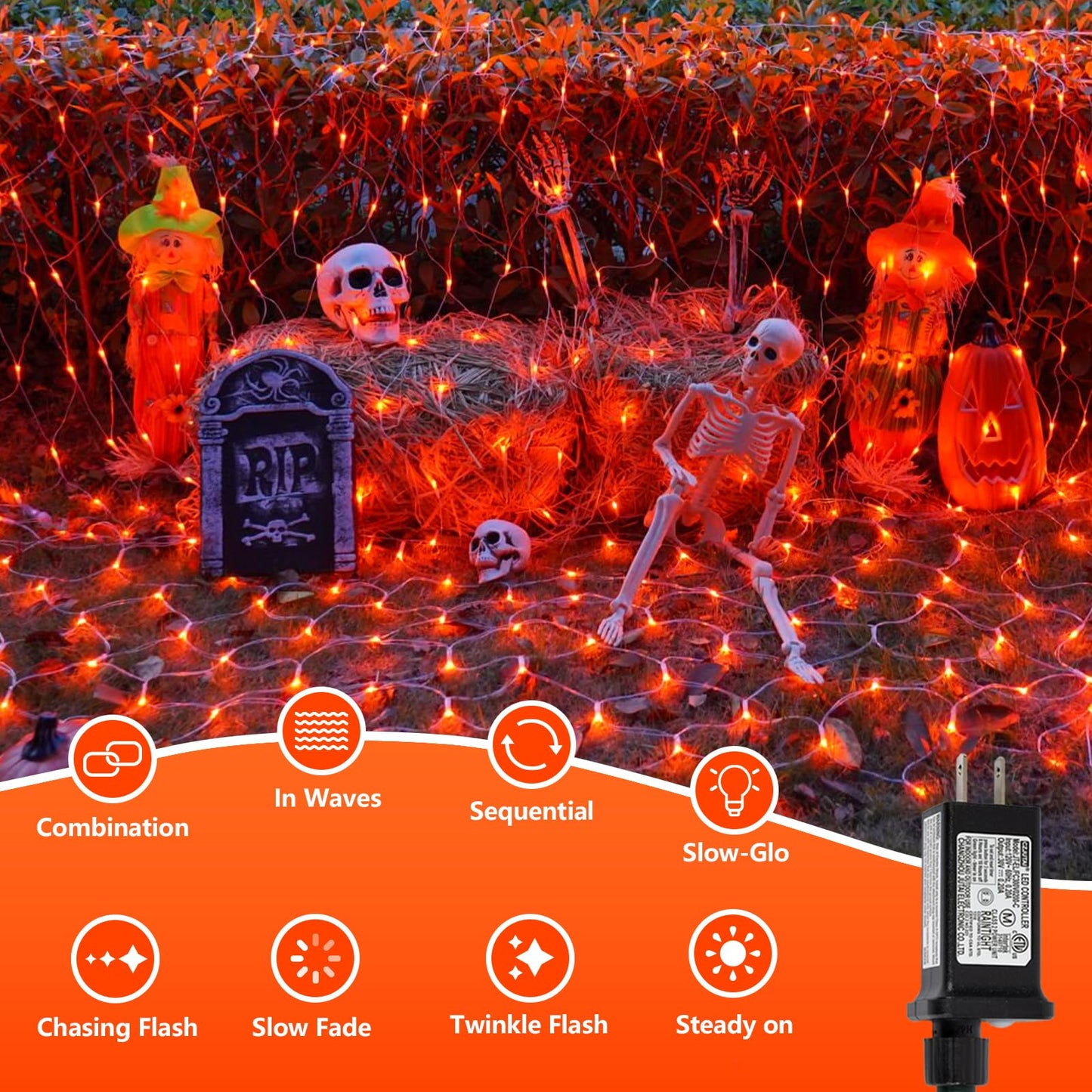 YEGUO Orange Halloween Lights, 12ft x 5ft 360 LED Net Lights Outdoor Mesh Lights, 8 Modes Clear Wire Christmas Bush Light Plug in