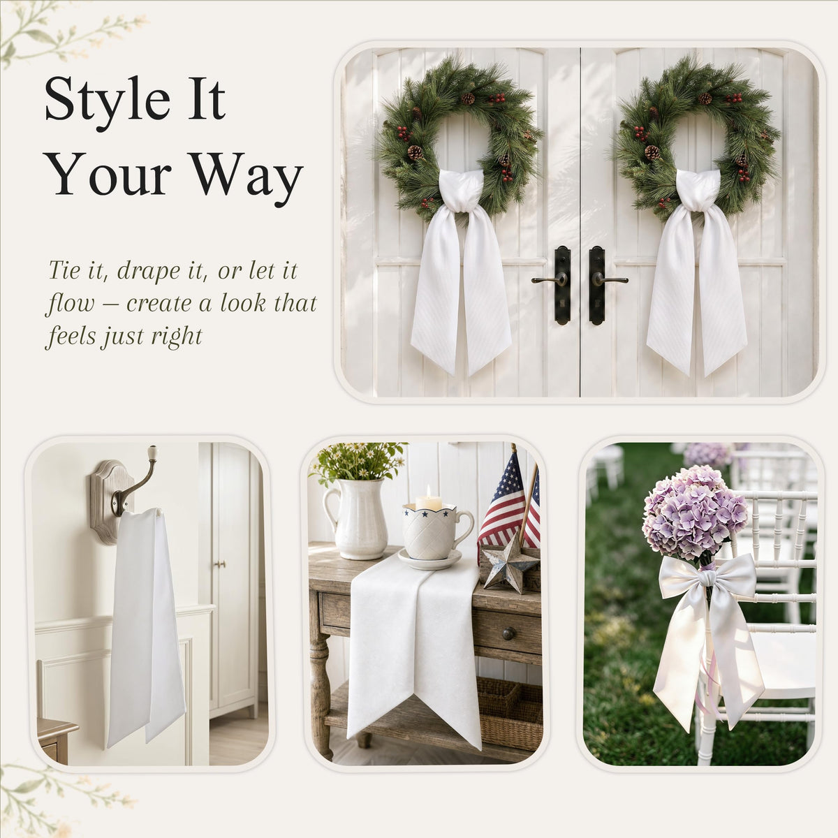 Presentastic 2 Pcs White Wreath Sash for Front Door, Embroidery Blank Wreath Sashes, Textured Twill Finish Sash Ribbon Accessories for Flower Bouquet Garland Yard Doorway Wedding Xmas, 4.5 x 57 Inches