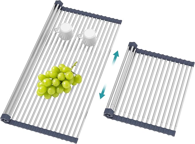 BBXTYLY Extra Large Expandable Roll Up Dish Drying Rack,Over The Sink Drying Rack Sink Cover Kitchen Sink Accessories Kitchen Rolling up Stainless Steel Drainer, Foldable,Rollable（Grey，22.8'-17.3''）