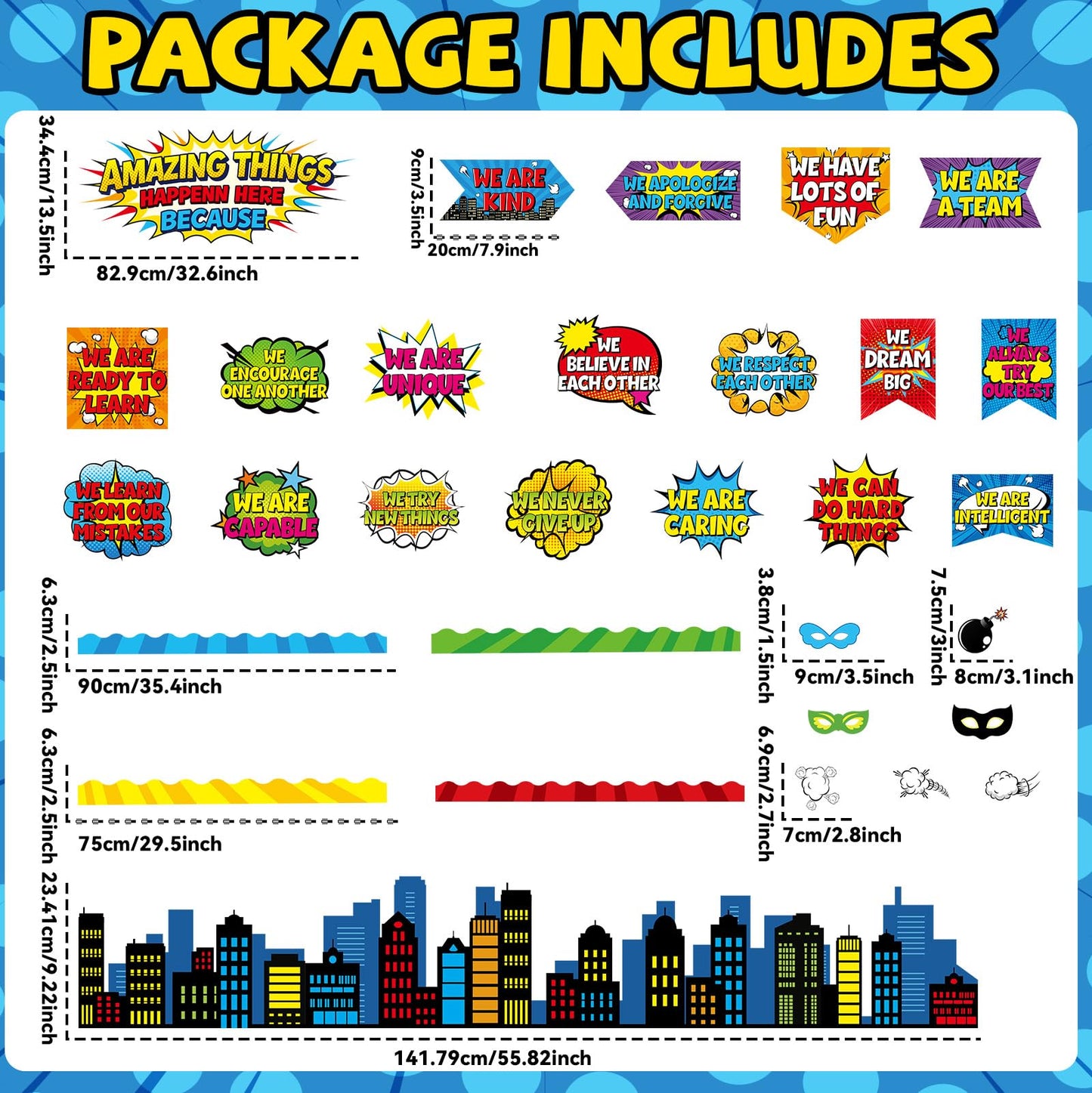 Hero Themed Bulletin Board Set Amazing Things Happen Here Classroom Decoration Motivational Positive Affirmation Super Themed Paper Cutouts for Tropical School Chalkboard Wall Decor Supplies