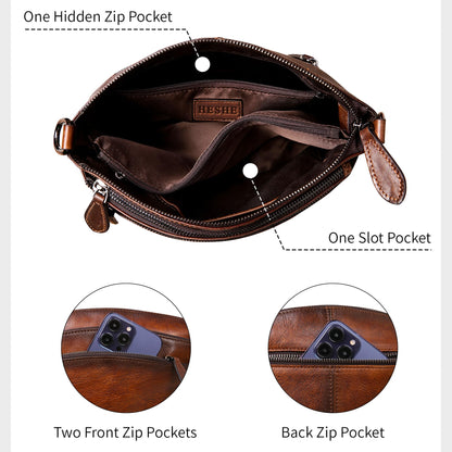HESHE Leather Crossbody Bags for Women Vintage Satchel Bags Leather Purses and Handbags Small Shoulder Handbags Sling Pocket Bag Hobo Purse Designer Travel Bags (Brown)