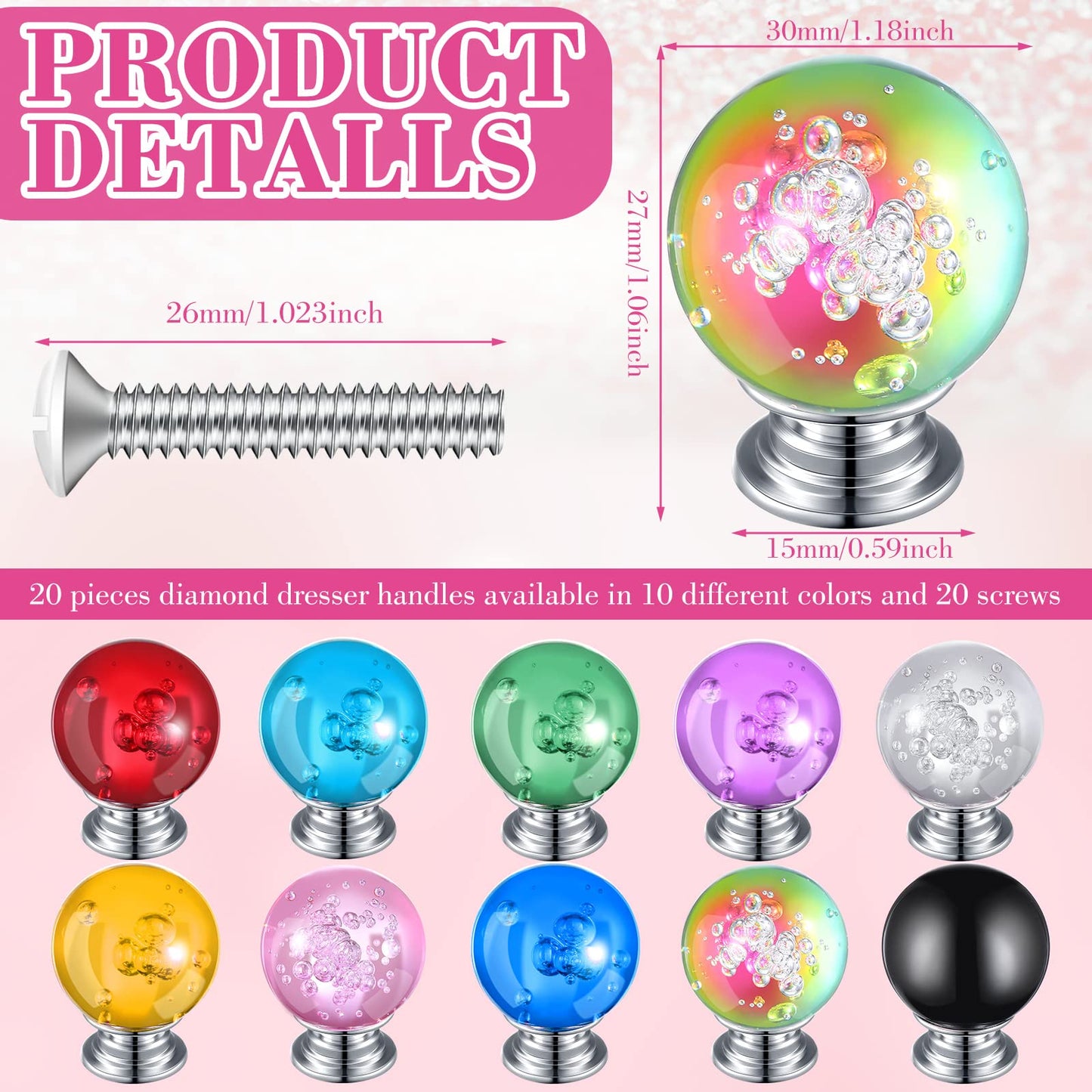 Jetec 20 Pcs Crystal Drawer Pulls Cabinet Knobs 30mm Diamond Dresser Knobs for Dresser Drawers Kitchen Bookcase Wardrobe(Multicolored,Stylish Style)