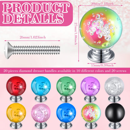 Jetec 20 Pcs Crystal Drawer Pulls Cabinet Knobs 30mm Diamond Dresser Knobs for Dresser Drawers Kitchen Bookcase Wardrobe(Multicolored,Stylish Style)