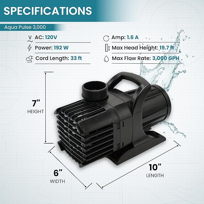 HALF OFF PONDS Submersible Water Pump, 3,000 GPH Pond Pump with 33FT Power Cord and 19FT Max Head, 192W Ultra Quiet Energy Efficient Pump for Koi Pond, Fountain, Waterfall, Water Garden, Skimmer