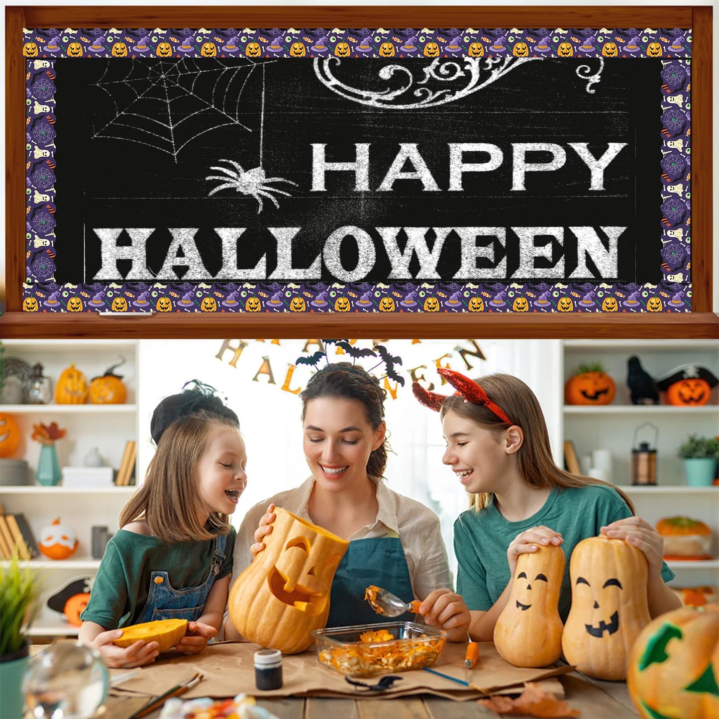 JYNTERPLAY 30Pcs Halloween Magnetic Bulletin Board Borders for Classroom Spooky Pumpkin Ghost Spider Web Bat Purple Border Strips Die Cut for Whiteboard Chalkboard Office Decor