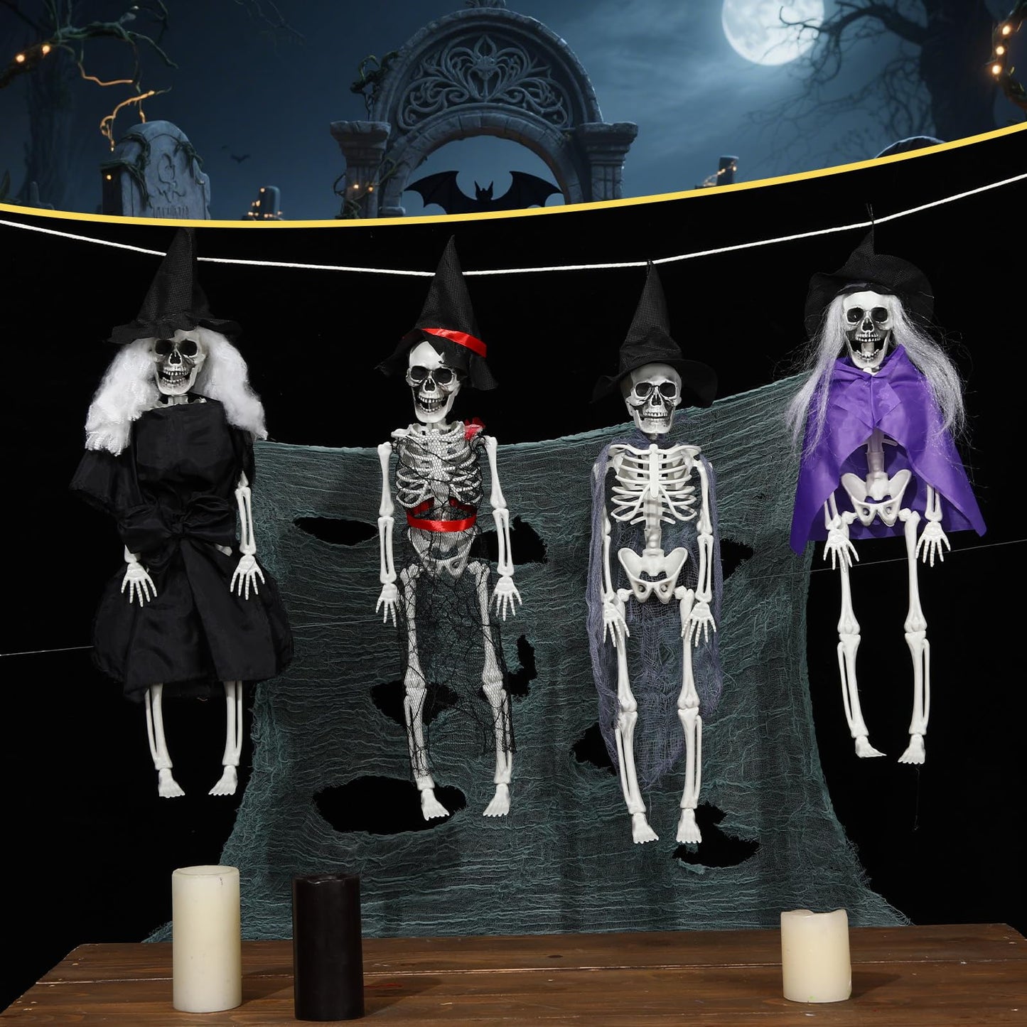 Poen 4 Pack 16" Halloween Hanging Skeleton Decorations Small Full Body Posable Skeletons with Movable Joints Plastic Mini Spooky Decor for Halloween Party Haunted House Lawn Graveyard Props (Witch)