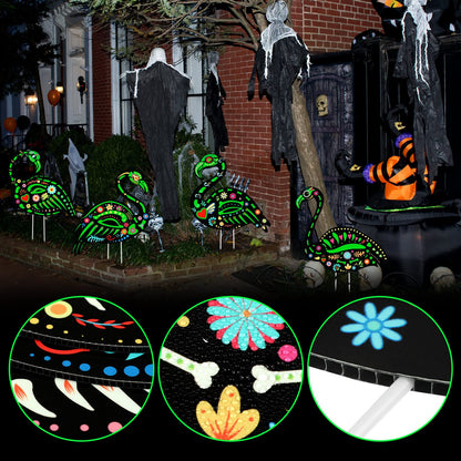 Amyhill 4 Pcs Halloween Glow in The Dark Skeleton Flamingo Yard Ornament with Stake Flamingo Outdoor Lawn Decor Scary Plastic Skeleton Yard Sign for Party