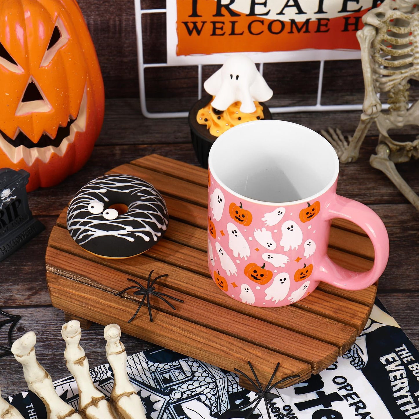 Whaline Halloween Mug Ghost Pumpkin Coffee Mug Pink White Orange Ceramic Drinking Cup for Halloween Party Supplies Table Centerpieces, 12oz