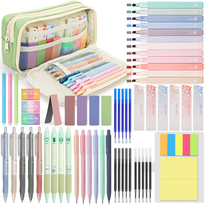 DazSpirit 61 PCS Aesthetic School Supplies with Cute Pencil Case, Pastel No Bleed Highlighters, Gel & Erasable Pens, Mechanical Pencils, Refills, Complete Essentials Stationery Kit for Students, Green