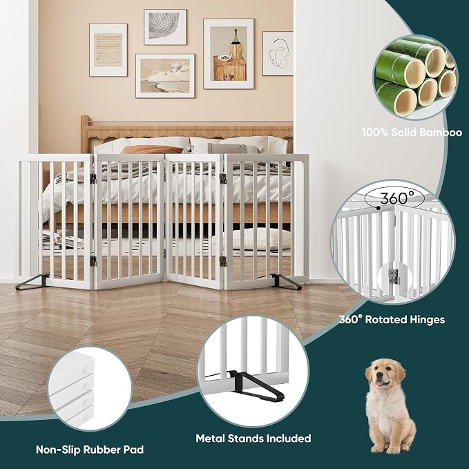 Semiocthome Bamboo Dog Gate with 2 Stands, Freestanding Puppy Gate for Doorways & Stairs - 24" Height, 4 Panels, Adjustable White Safety Fence