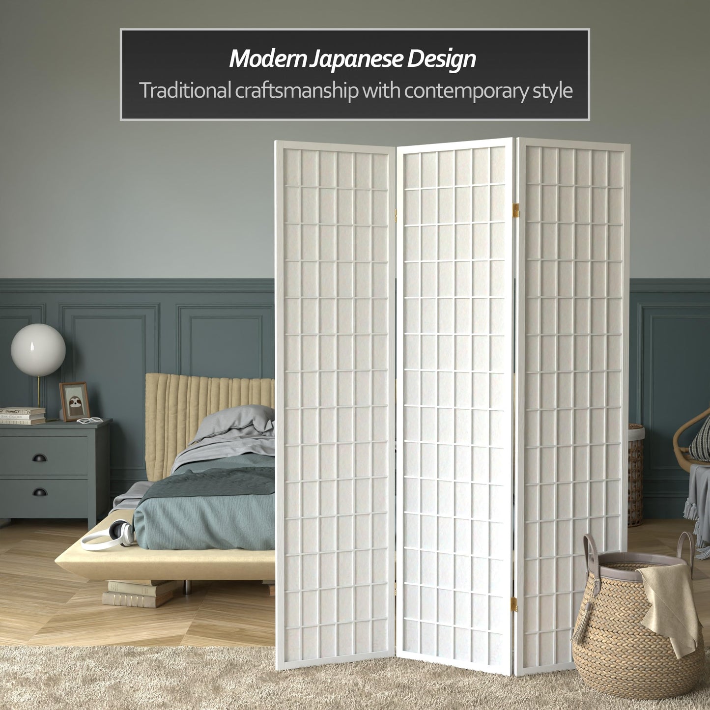 Red Lantern 6 ft. Tall Window Pane Shoji Screen - White - 3 Panels