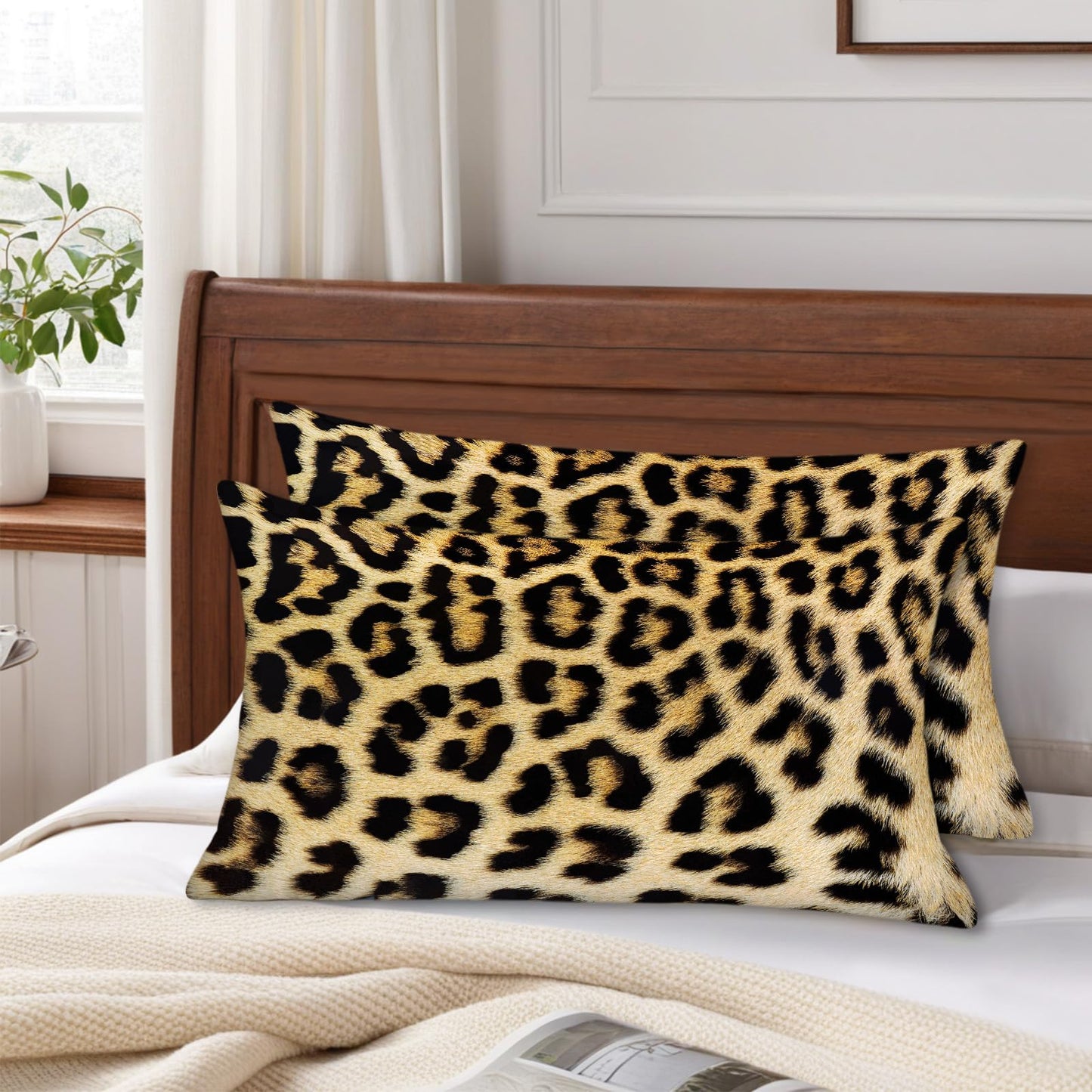 Kerton Stork Cheetah Throw Pillow Covers 12X20 Set of 2, Leopard Lumbar Decorative Throw Pillows for Couch Bed- Long Soft Washable Animal Print Throw Pillow Cases for Sofa Bedroom Dorm, Black Yellow