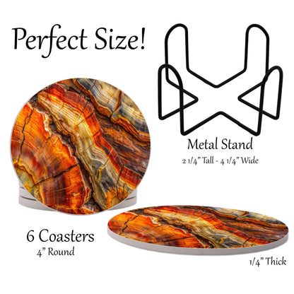 Petrified Wood Agate Round Coasters Set of 6 - Abosrbent Ceramic Coasters with Metal Stand for Drinks, Coffee, Non-Slip Cork Back for Tabletop Protection, 4 Inches