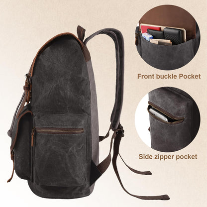 NEHOR Vintage Waxed Canvas Backpack Casual Genuine Leather Laptop Rucksack Shoulder DayPack for Travel/Hiking/School