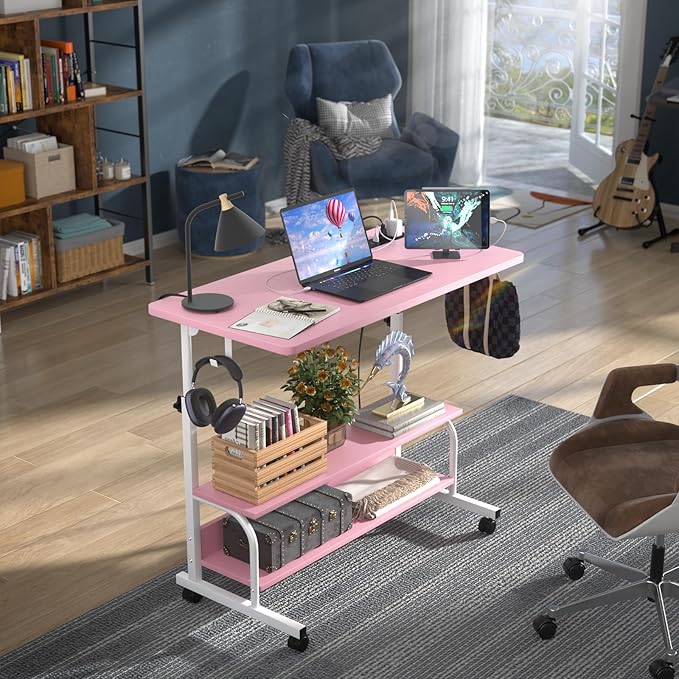 Armocity Height Adjustable Standing Desk with Power Outlets, 32" Manual Stand Up Desk with Storage Shelves Small Mobile Rolling Computer Desk Portable Laptop Table with Wheels for Home Office, Pink