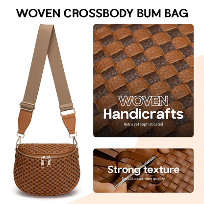FODOKO Woven Crossbody Bag for Women Woven pu Leather Bum Bags Checkered Cross body purse with zipper Adjustable straps（Checkered Coffee brown