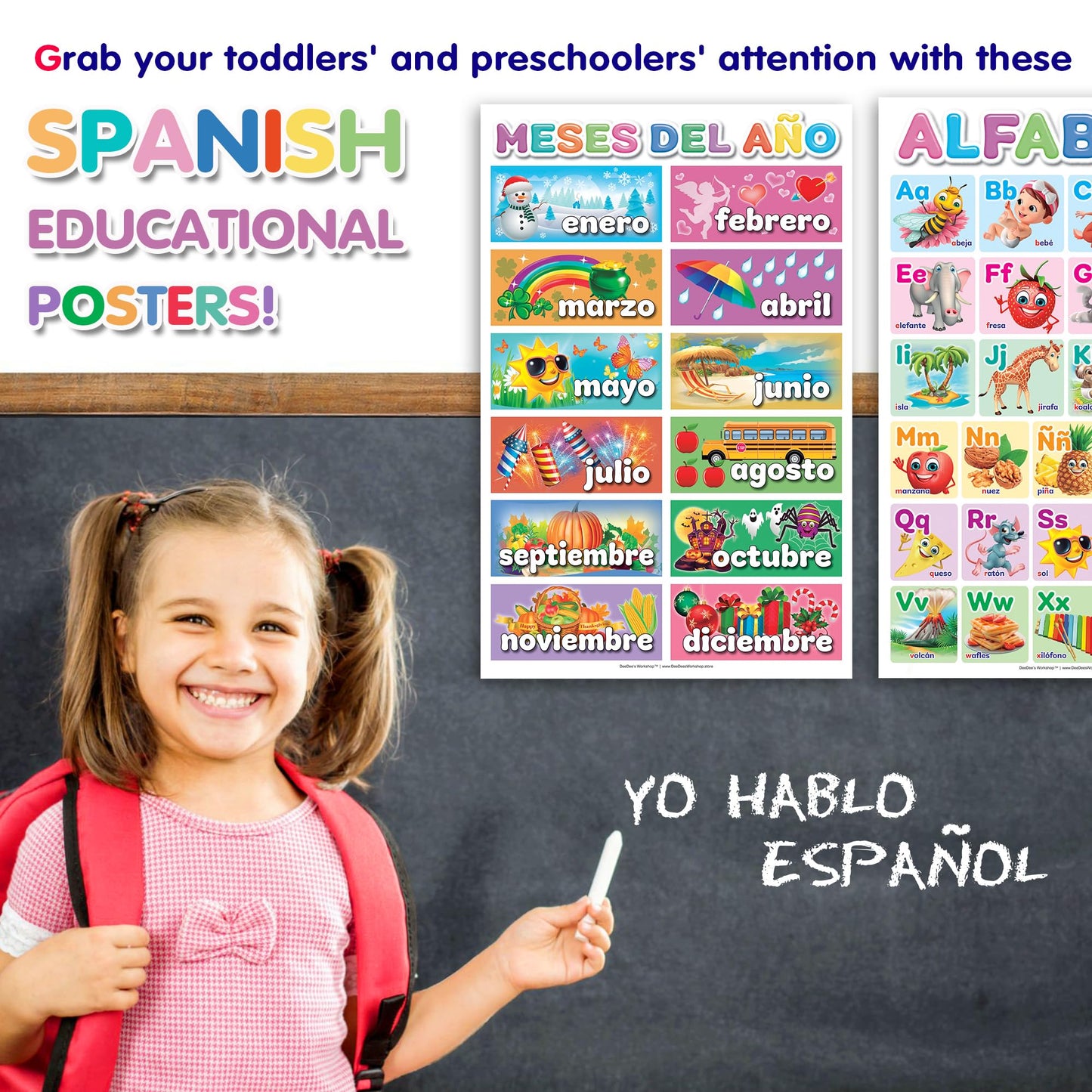 DeeDee's Workshop 16 Spanish Classroom Posters - Spanish Learning for Kids, Abecedario para Niños en Español, Days of the Week & Calendar