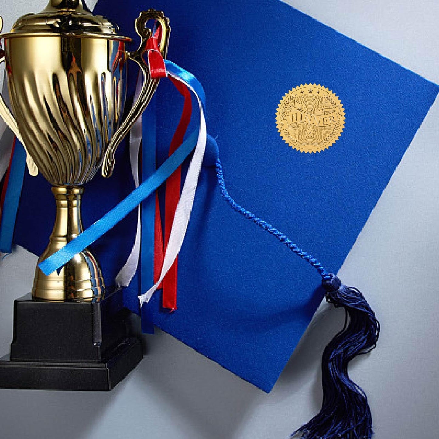CRASPIRE 408pcs 2 Inch Winner Gold Foil Stickers Word Star Gold Embossed Gold Certificate Seals Self Adhesive Waterproof Round Dot Medal Decoration Label for Gift Packaging Envelope Card Seal