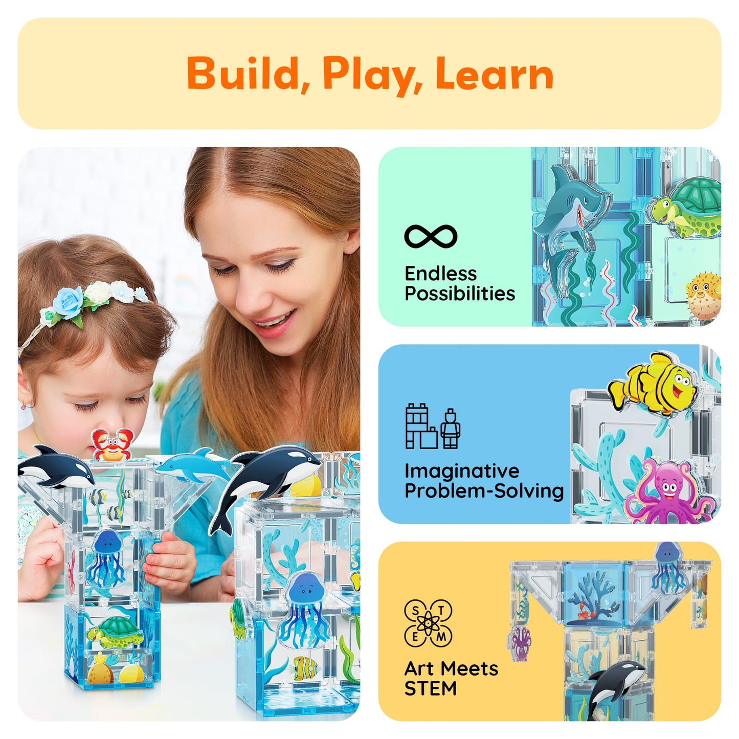 PicassoTiles Magnet Tiles Magnetic Building Blocks Aquarium Marine Animal Theme Set with 8 Character Action Figures Shark Crab Turtle STEM Toys Construction Preschool Toddlers Kids Boys Girls 3+ PTQ15