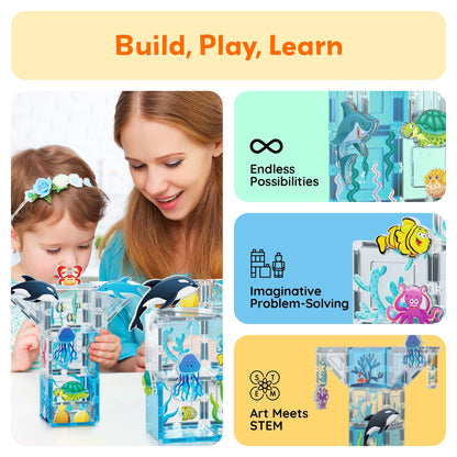 PicassoTiles Magnet Tiles Magnetic Building Blocks Aquarium Marine Animal Theme Set with 8 Character Action Figures Shark Crab Turtle STEM Toys Construction Preschool Toddlers Kids Boys Girls 3+ PTQ15