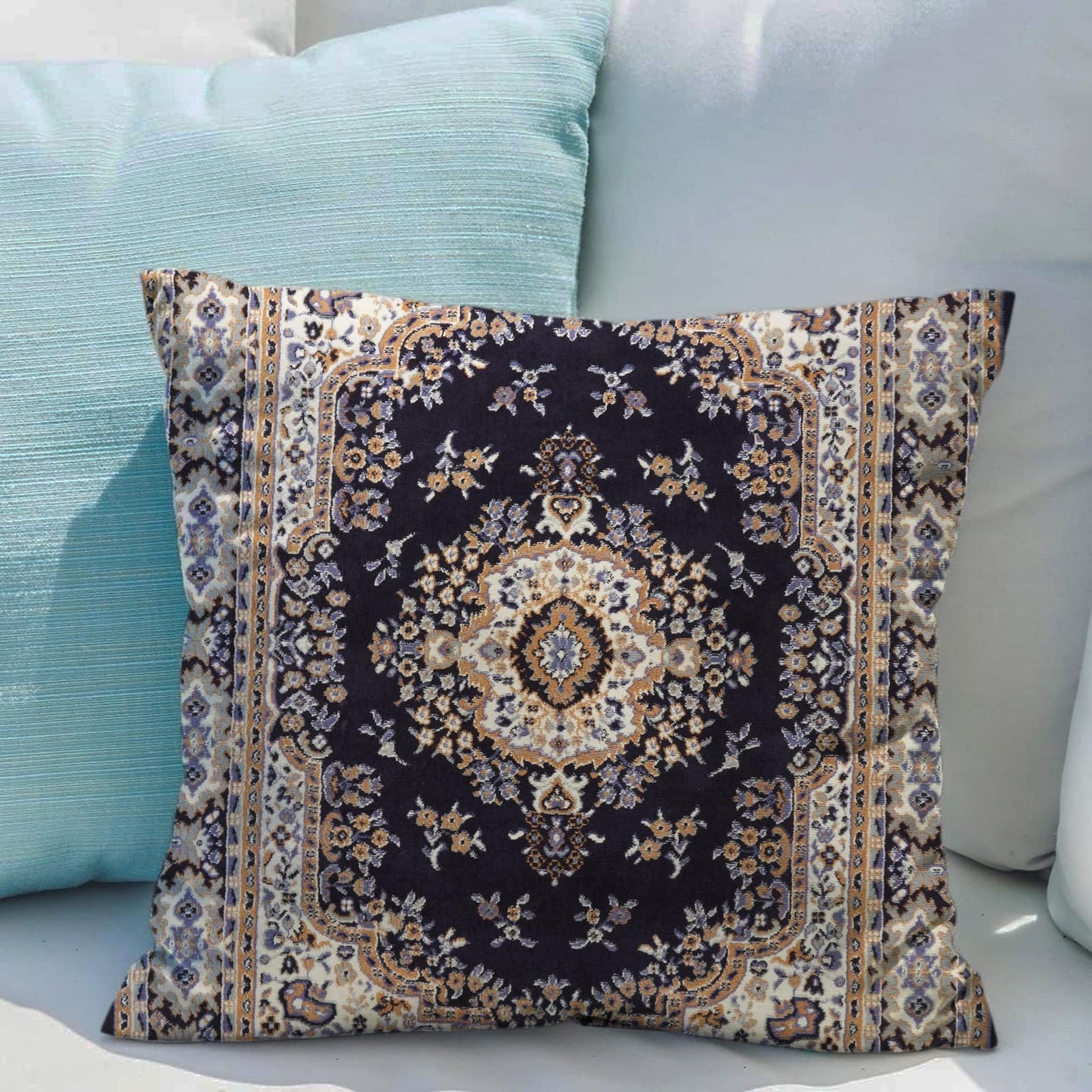 Snycler Boho Throw Pillow Covers 16x16 inch Set of 2 Black Medallion Border Area Rug Double Sided Pattern Cotton Soft Pillow Case Cushion Cover Pillowcase for Couch Sofa Bed Decorative