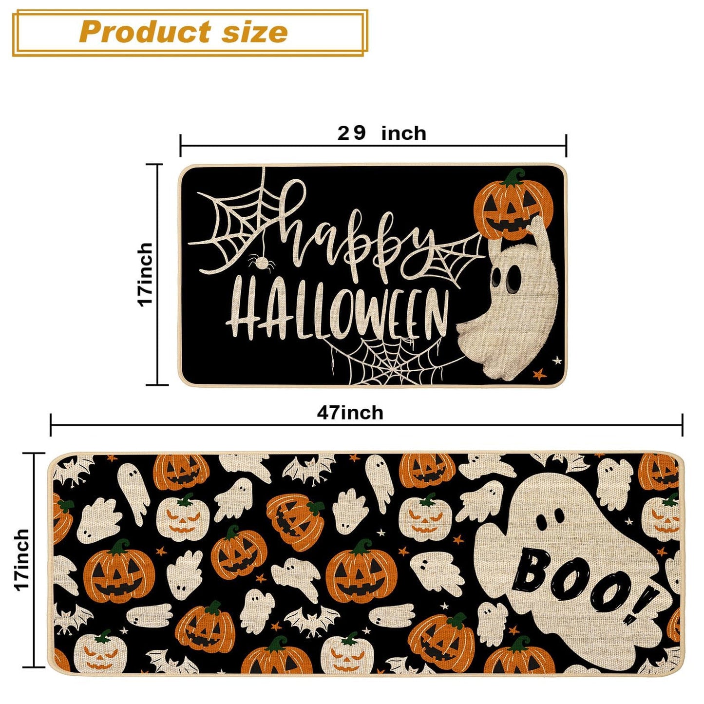 Baccessor Happy Halloween Kitchen Rugs Set of 2, Ghost Pumpkin Kitchen Mats for Floor Hallway Laundry Sink Low-Profile Halloween Holiday Home Decor 17x29 and 17x47 Inch