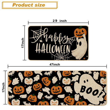 Baccessor Happy Halloween Kitchen Rugs Set of 2, Ghost Pumpkin Kitchen Mats for Floor Hallway Laundry Sink Low-Profile Halloween Holiday Home Decor 17x29 and 17x47 Inch