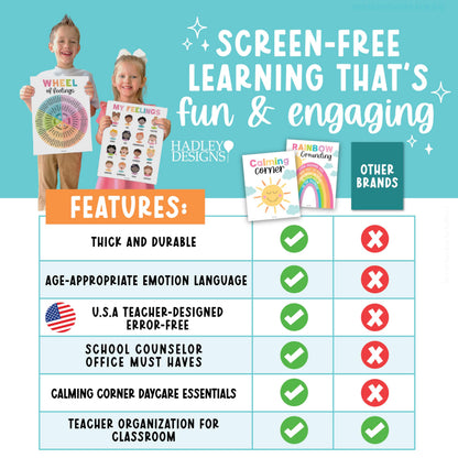 Hadley Designs 9 Calming Corner Posters for Classroom Must Haves - Calm Down Corner Supplies with Emotions Chart, School Counselor Mental Health Poster, Feelings Chart For Kids, Pastel Classroom Decor