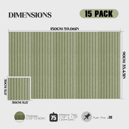 59 x 36 Felt Bulletin Board Tiles - 15 Pack 150g High-Density Sound Absorbing Panels, Slat Wall Cork Board Alternative for Office & Home, Includes 30 Pushpins & 75 Adhesive Tabs, Sage Green