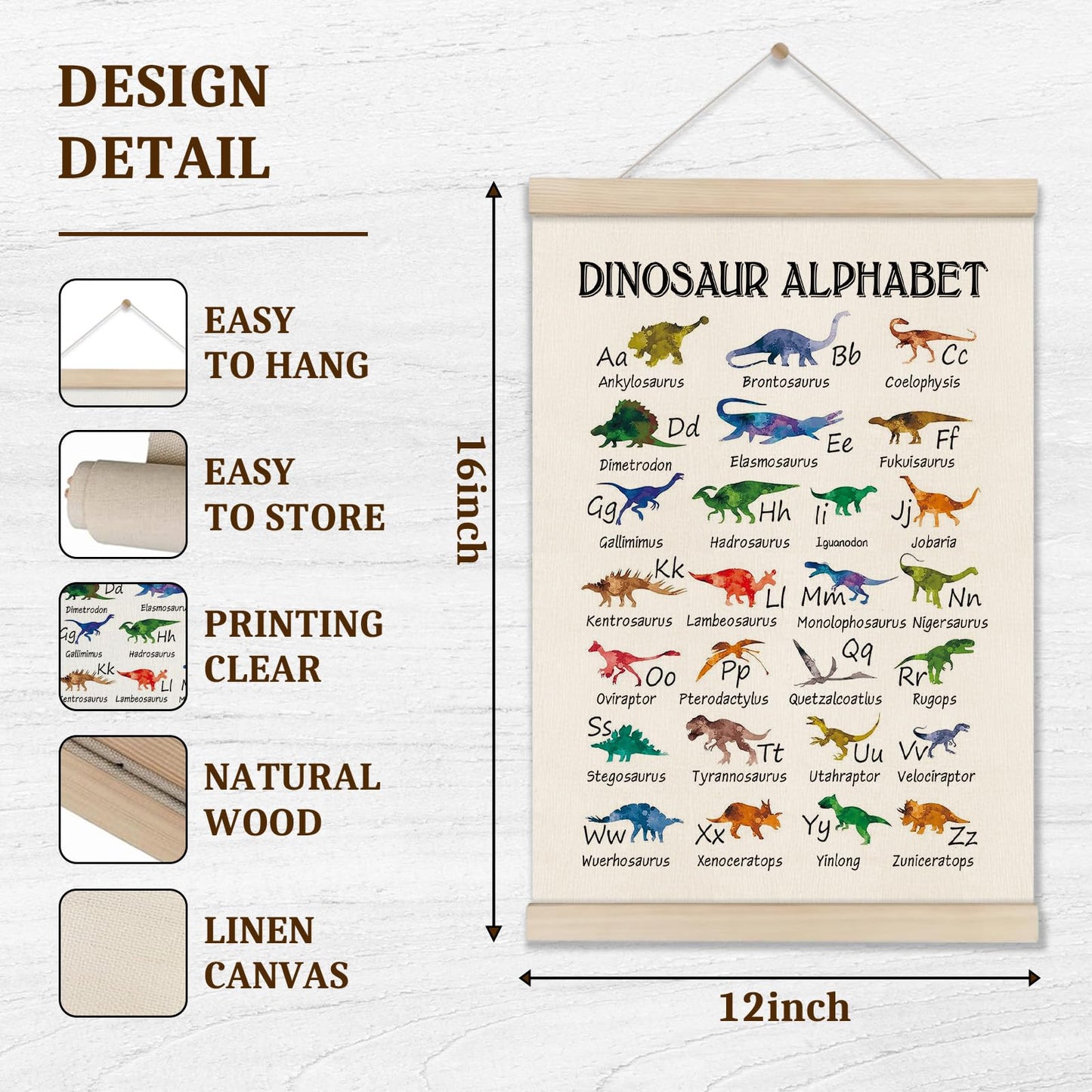 DOI-LANEE Alphabet Dinosaur Poster Hanger Frame 16x12 Inch, Educational Montessori Posters Toddler, ABC Alphabet Nursery Chart for Preschool Classroom Kids Room, Dinosaur Decor
