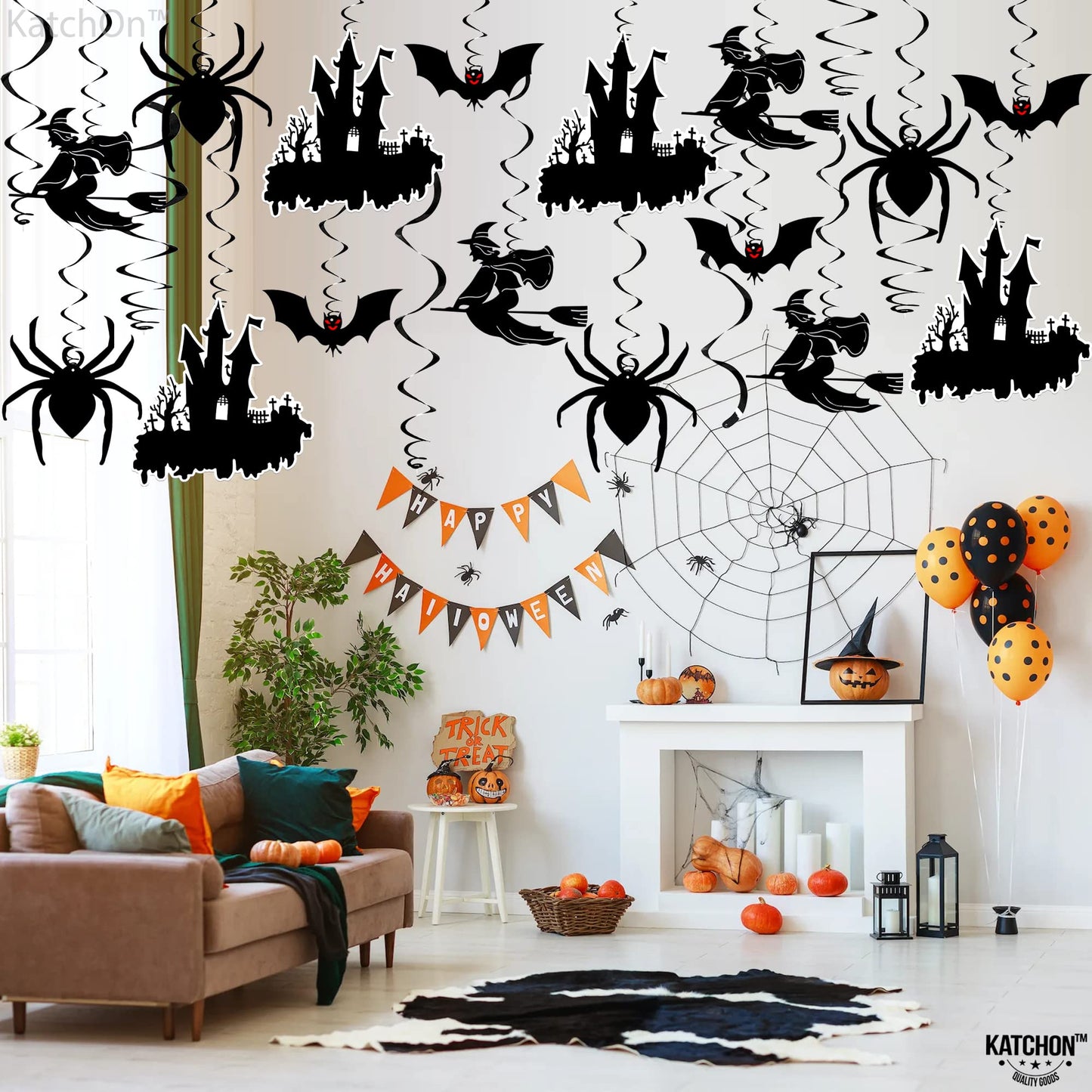 KatchOn, Scary Halloween Hanging Decorations - Large, Pack of 30 | Black Halloween Hanging Swirls for Halloween Ceiling Decorations | Halloween Swirl Decorations | Hanging Halloween Decorations Indoor