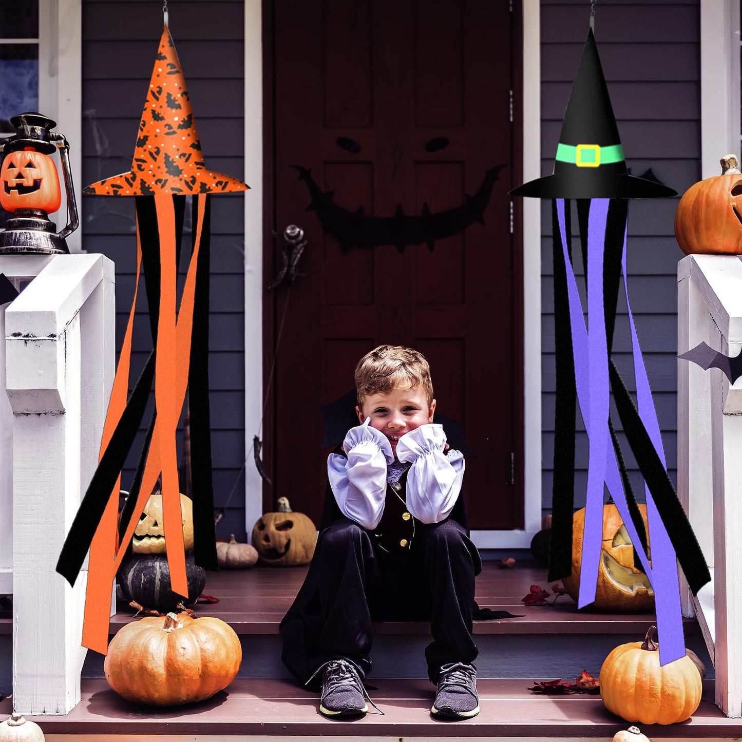 2 Pack Halloween Witch Hat Windsock Flag Decorations, 35 Inch Hanging Flying Witches Witzard Theme Parties Supplies Spooky Cartoon Wind Socks for Yard Patio Garden Pathway Tree Indoor Outdoor Decor