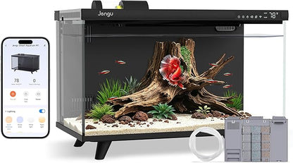 M1 5 Gallon Aquarium Starter Kit, App Control Smart Fish Tank with Filter, Auto Feeder, Quiet Pump, Timer Light, Temp Display, Crystal-Clear Glass Desktop Betta Tank for Guppy Shrimp, Black