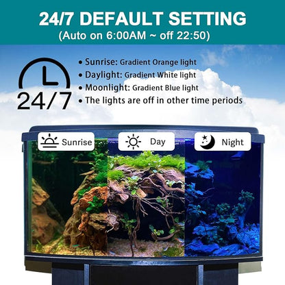 hygger 24/7 Mode Submersible Aquarium LED Light, Full Spectrum Hidden Fish Tank Light with 3 Rows Beads 7 Colors Auto On Off Sunrise-Daylight-Moonlight, Adjustable Timer Brightness