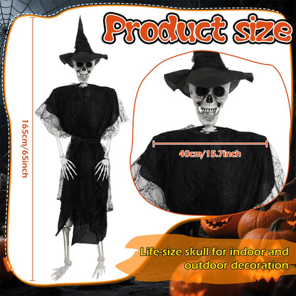 HunnmingRe 1 Set 5.4 ft Halloween Skeleton Decorations Outdoor Posable Life Size Skeleton with Costume Clothing Set and Movable Joints for Halloween Party Yard Haunted House Prop Decor (Witch)