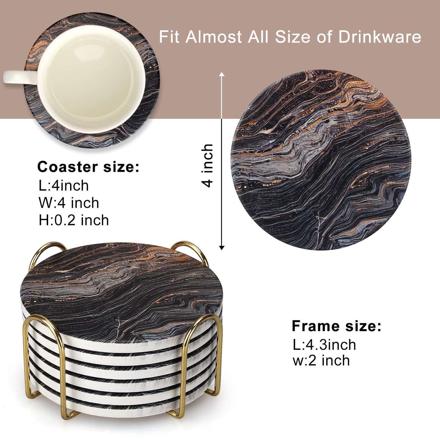 6 Pcs Black Ceramic Stone Modern Coasters with Holder Best Absorbent Drink Coasters Round Ceramic Table Coasters Set Best Coffee Table Ceramic Coaster Set