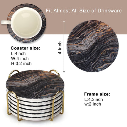 6 Pcs Black Ceramic Stone Modern Coasters with Holder Best Absorbent Drink Coasters Round Ceramic Table Coasters Set Best Coffee Table Ceramic Coaster Set