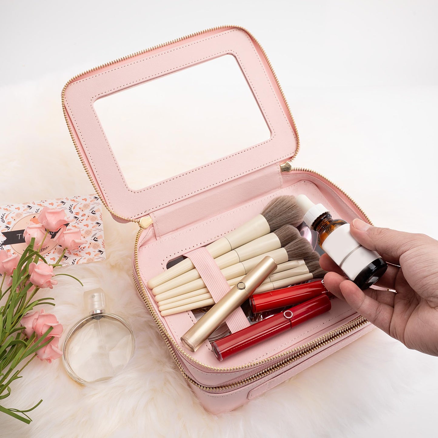 Aveniee XL Clear Makeup Organizer,Double Layer Travel Cosmetic Case with Brush Holder & Zippered Compartments, Large Toiletry Bag Train Case for Women.2 Layers, Pink