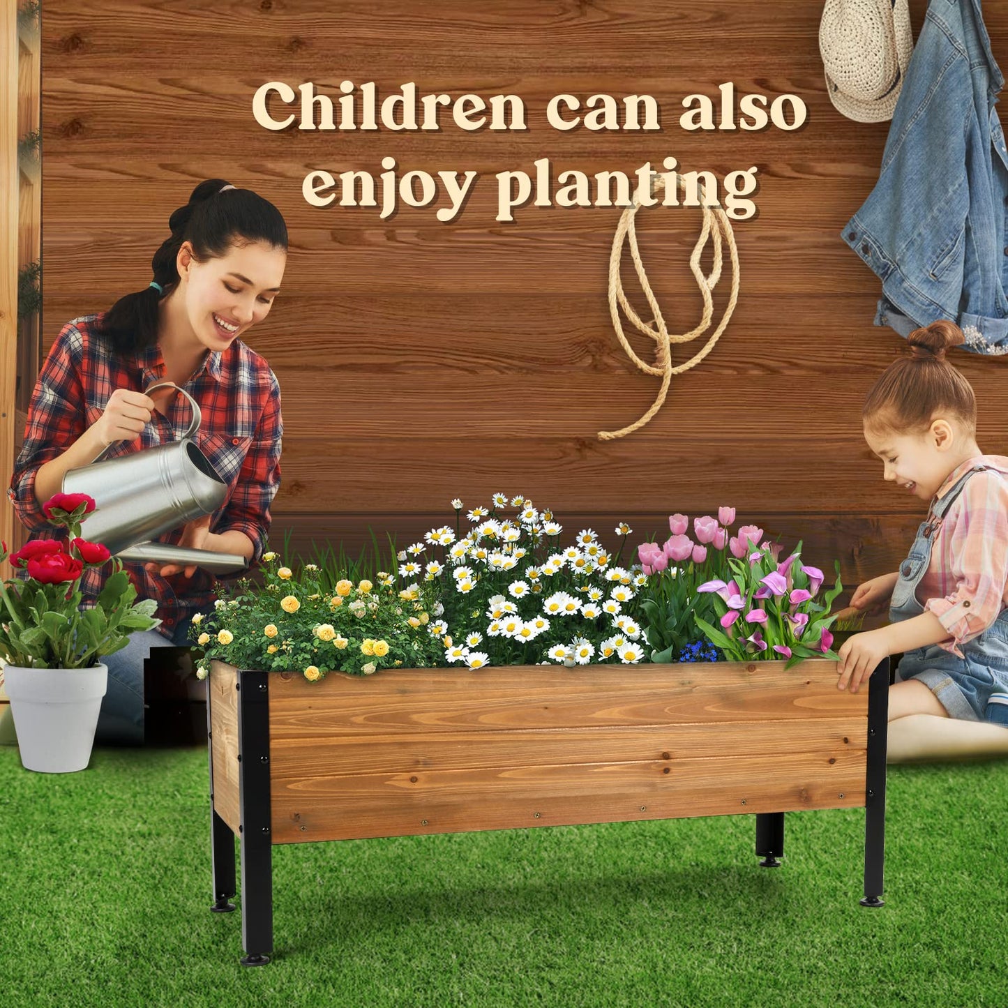 OIPRTGFJ Wood Rectangular Garden Planter Box Raised Garden Bed Outdoor,Planters for Outdoor Plants 37x13x15in Elevated Planter Box for Herbs Vegetables Flowers Great for Patio Deck Balcony