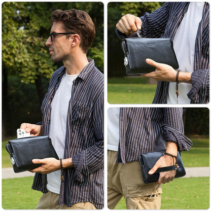 Top Grain Genuine Leather Handbag Wallet for Man & Woman, Handmade Retro Design, Combination Lock & Retractable Hand Strap & Multi Pockets/Slots, Portable RFID for Cards/Checks/Phone/Banknote, Black