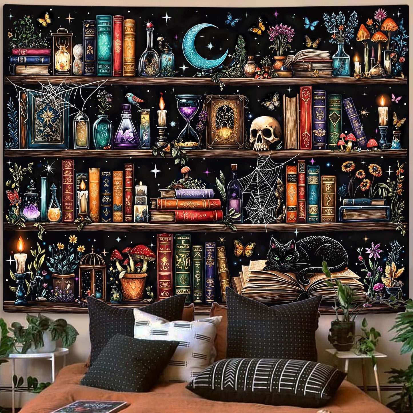 Motanber Witchy Bookshelf Tapestry Magic Gothic Witch Library Tapestries Wall Hanging Vintage Mushroom Skull Black Cat Dark Academia Book Large Tapestry for Bedroom Living Room Dorm 80 x 60 inch