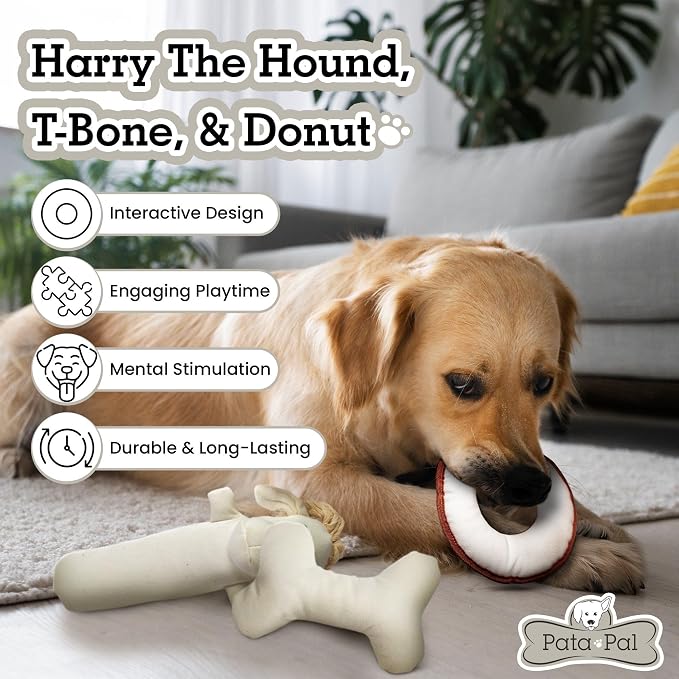 Durable Tough Cotton Canvas Squeaky Dog Toys, Eco-Friendly Interactive 3-Pack Chew Toy Set for Small, Medium & Large Dogs, Harry the Hound, T-Bone & Donut Disk