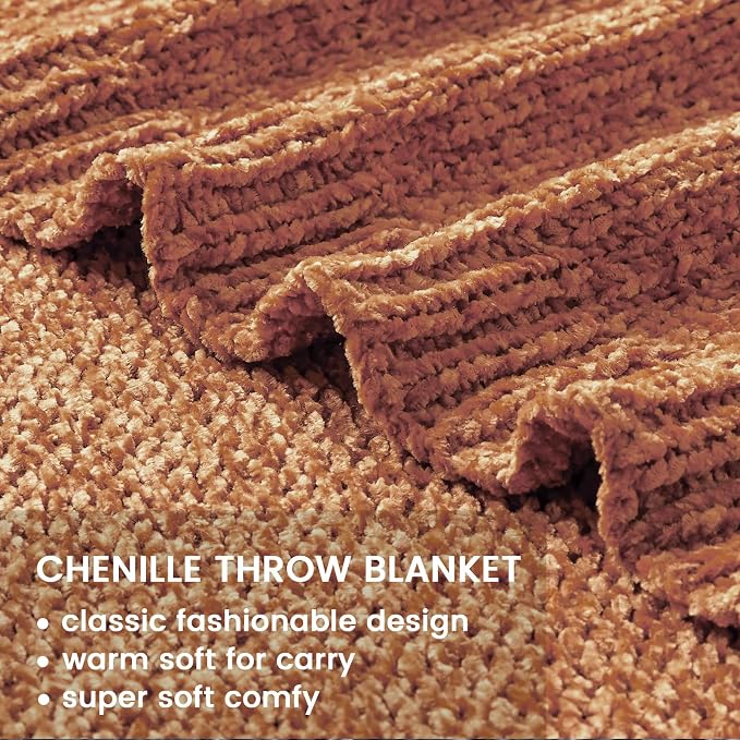 BOURINA Chenille Throw Blanket for Couch Sofa Chair Bed Home Decoration, Soft Warm Cozy Blanket for All Season（50" x 60", Coral）