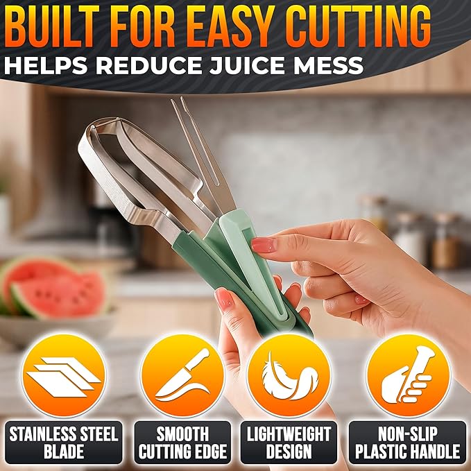 3-in-1 Watermelon Slicer Tool — Stainless Steel Portable, Mess-Free Multi-Use Kitchen Gadget for Summer Picnic, BBQ, Pool Party, Family Hosting, Hostess Gift Idea — Watermelon Cutter Slicer Tool Kit