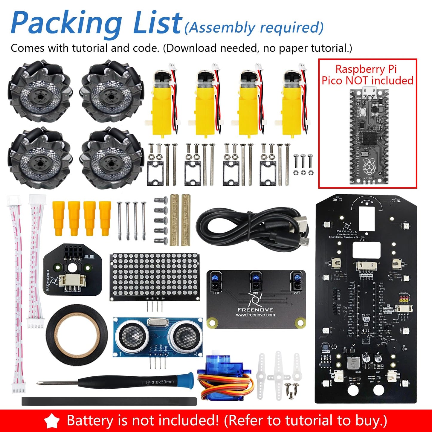 Freenove Mecanum Wheel Car Kit for Raspberry Pi Pico (Not Included) (Compatible with Arduino IDE), Dot Matrix Expressions, Obstacle Avoidance, Line Tracking, Light Tracing, Colorful Light, App