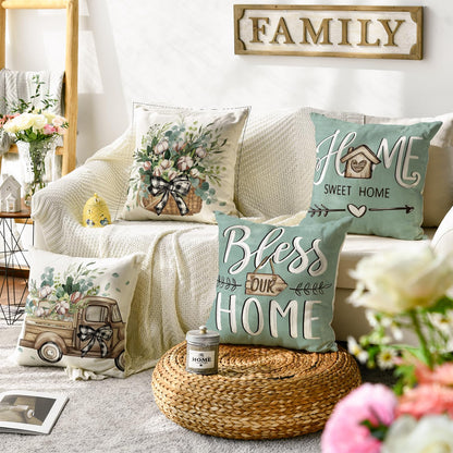 AVOIN colorlife Bless Our Home Farmhouse Eucalyptus Leaves Throw Pillow Covers, 20 x 20 Inch Blue Truck Home Sweet Cushion Case Decorations Set of 4