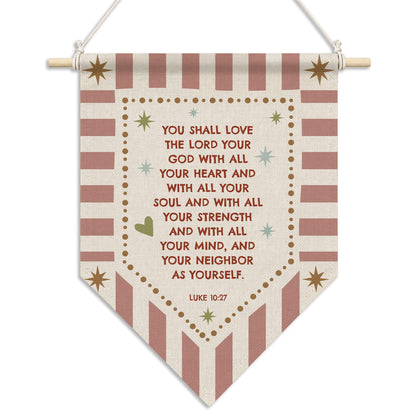 RUKUPA Christian Nursery Wall Art Decor, Bible Verse Hanging Pennant Flag, Religious Retro Pink Striped Wall Art Poster Hanger for Home Bedroom Kids Girl Nursery Room Decor, 11x15 Inch