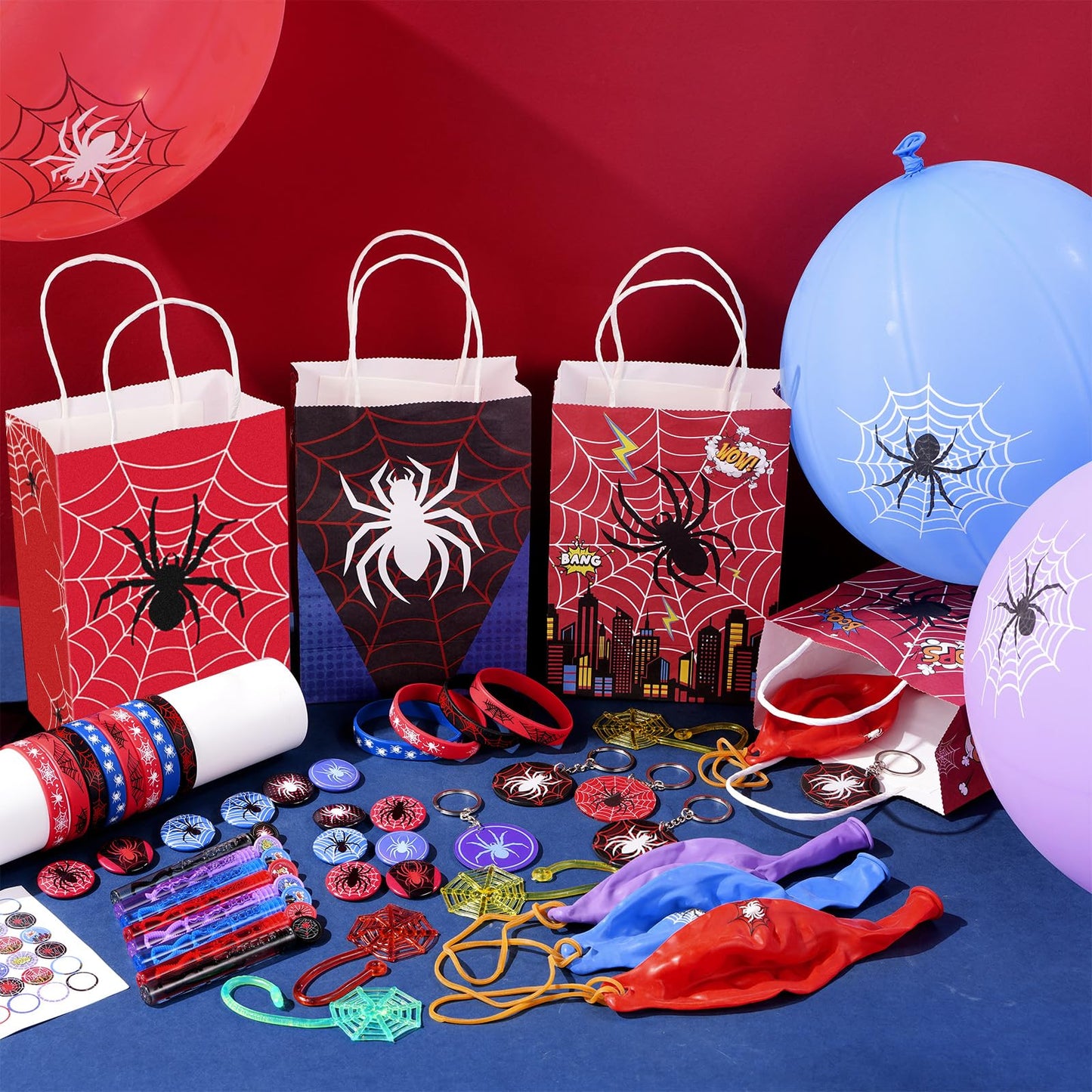 Vanblue 84Pcs Spider Party Favors Hero Theme Birthday Party Decorations Supplies for Kids,Gift Bag,Button Pins,Keychains Goodie Bag Stuffers,Classroom Rewards Gifts,Pinata Stuffers for Boys Movie Fans
