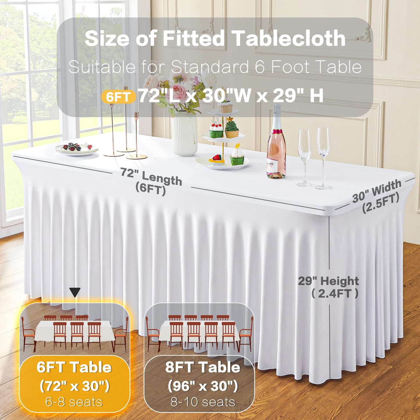 Htper 8 Pack Spandex Tablecloth for 6 Foot Rectangle Tables, Wrinkle Free Stretch Table Cloths 6ft Fitted Table Cover Desk Skirt for Parties Weddings Birthday Banquet Baby Shower